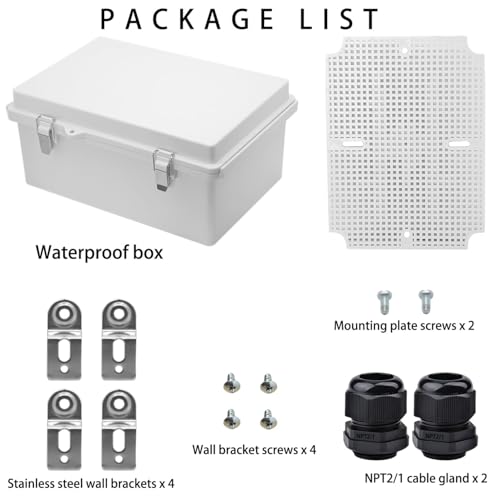 Waterproof Electrical Box with Mounting Plate, IP67 Junction Box Stainless Steel Latch Hinged Grey Cover Project Enclosure with Wall Bracket and 2 Glands 8.3" x 6.3" x 3.9" - color: Grey, size: 8.3" x 6.3" x 3.9"