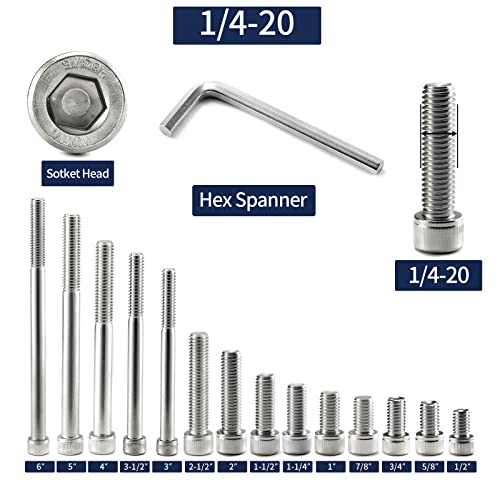 1/4-20 x 3-1/2" Socket Head Cap Screws Bolts, 10Pcs 304 Stainless Steel 18-8, Allen Socket Hex Drive, Partially Threaded, Bright Finish by SG TZH(with Hex Spanner)