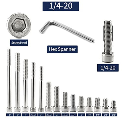 1/4-20 x 1/2" Socket Head Cap Screws Bolts, 20Pcs 304 Stainless Steel 18-8, Allen Socket Hex Drive, Full Thread, Bright Finish by SG TZH(with Hex Spanner)