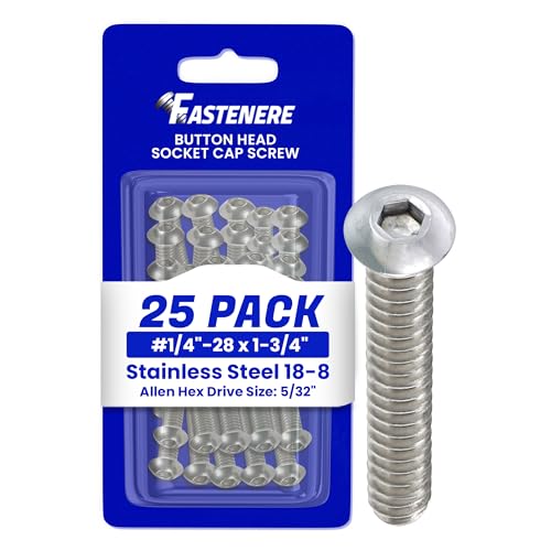 Fastenere Button Head Socket Cap Screws - 1/4-28 x 1-3/4" (25 Pack) Stainless Steel 18-8, Full Thread, Bright Plain Finish, Corrosion-Resistant, Machine Thread, Easy to Install w/Allen Socket Drive - size: 1/4-28 x 1-3/4" (25 Pack)