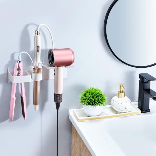 Hair Dryer Holder Wall Mount Curling Iron Holder Flat Iron Holder, Blow Dryer Holder Wall, 3 in 1 Bathroom Hair Tool Organizer Rack for Universal Hairdryer Straightener Curlings (White) - color: White