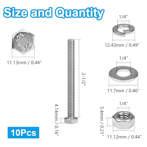 MroMax 10 Sets 1/4-20 x 2-1/2" Hex Head Screw Bolt, Nuts, Flat Washer & Spring Lock Washers Kits,Fully Threaded, Stainless Steel 18-8（304）, Bright Finish - size: 1/4-20 x 2-1/2" (10 Sets)