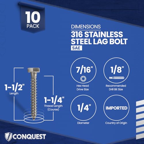 Conquest Lag Bolts 1/4" x 1-1/2" - size: 1/4"-10 x 1-1/2"