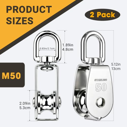 2PCS 304 Stainless Steel M50 Single Rope Pulley Block | Heavy Duty Lifting Crane Swivel Hook for Hanging Wire and Crane Operations - size: 2P-M50