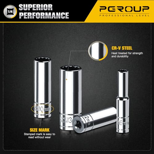 1/4 Inch Drive Socket Set - 8 Piece Metric 12-Point Deep Socket Set (6mm, 7mm, 8mm, 9mm, 10mm, 11mm, 12mm, 13mm)- Chrome Vanadium Steel with Sturdy Holder - 50BV30 - size: 1/4-12PT-8PC