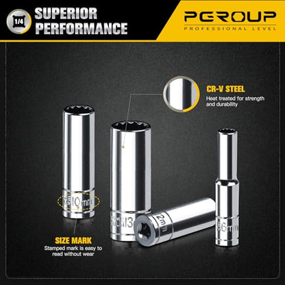 1/4 Inch Drive Socket Set - 8 Piece Metric 12-Point Deep Socket Set (6mm, 7mm, 8mm, 9mm, 10mm, 11mm, 12mm, 13mm)- Chrome Vanadium Steel with Sturdy Holder - 50BV30 - size: 1/4-12PT-8PC