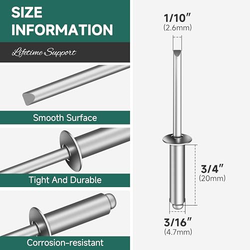 180 Pcs 3/16" x 3/4" Aluminum Blind Pro Rivets, 5 x 20mm Pop Rivets, 3/16 Rivet Aluminum Grip and Steel Mandrel - color: Silver, size: 3/16" x 3/4"