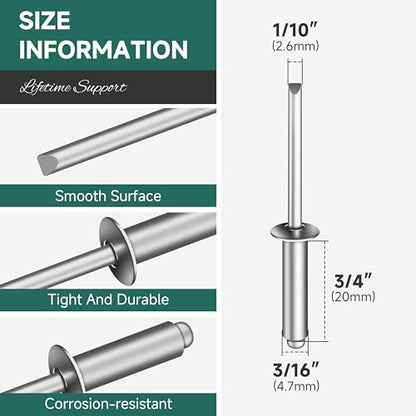 180 Pcs 3/16" x 3/4" Aluminum Blind Pro Rivets, 5 x 20mm Pop Rivets, 3/16 Rivet Aluminum Grip and Steel Mandrel - color: Silver, size: 3/16" x 3/4"