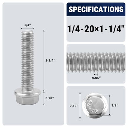 1/4-20 x 1-1/4" Flange Hex Bolts, 304 Stainless Steel 18-8, A2-70 Grade, Non-Serrated Flange Bolts for Automotive Repair, Fully Threaded, 20 Pcs - size: 1/4-20 x 1-1/4