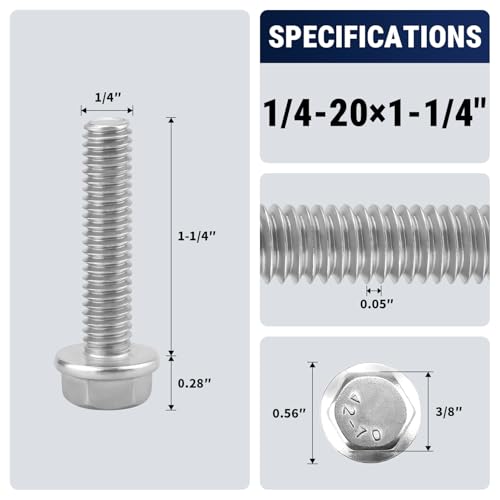 1/4-20 x 1-1/4" Flange Hex Bolts, 304 Stainless Steel 18-8, A2-70 Grade, Non-Serrated Flange Bolts for Automotive Repair, Fully Threaded, 20 Pcs - size: 1/4-20 x 1-1/4