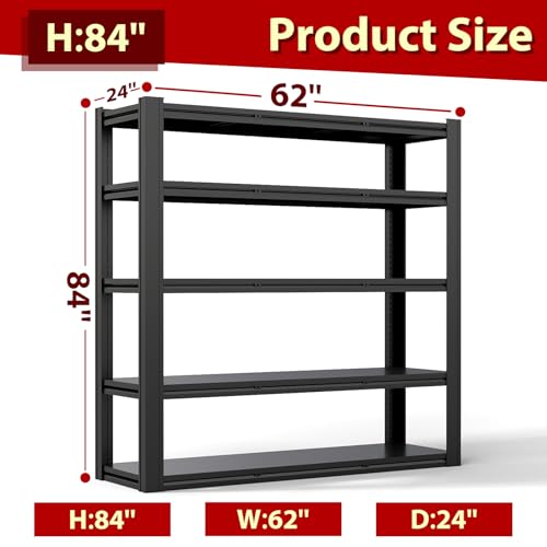 5-Tier Heavy Duty Storage Shelves Unit, Adjustable Metal Garage Shelving,5000LBS Garage Storage Industrial Shelves,Storage Racks,Steel Shelf Suitable for Shop,Warehouse,Basement - size: 5-Tier 84"H x 62"W x 24"D