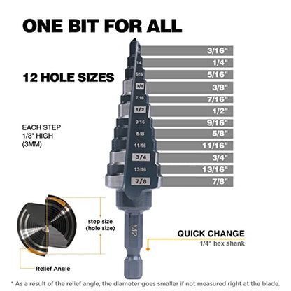 3/16"-7/8" Quick Change M2 Step Drill Bit Unibit Hole Drilling - size: 3/16" - 7/8’
