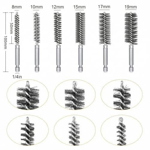 6 PCS Stainless Steel Wire Bore Brush Set, 1/4" Hex Shank Bore Brush for Drill, Twisted Wire Cleaning Brush, 8/10/12/15/17/19mm for Rust Removal & Pipe Tube Cleaning