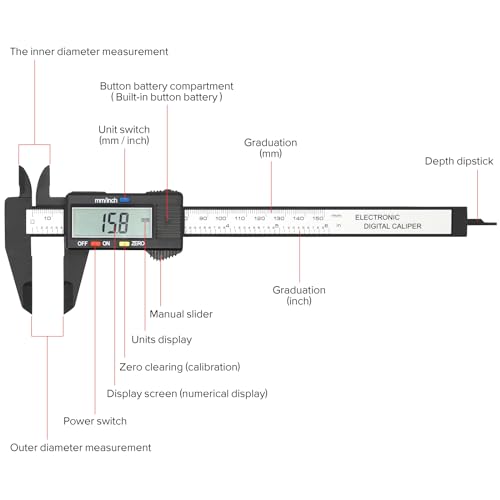 Electronic Digital Caliper, Plastic Vernier Caliper, Caliper Measuring Tool with Inch/Millimeter Conversion, Extra Large LCD Screen, 0-6 Inch/0-150 mm, Auto Off Featured Micrometer Ruler