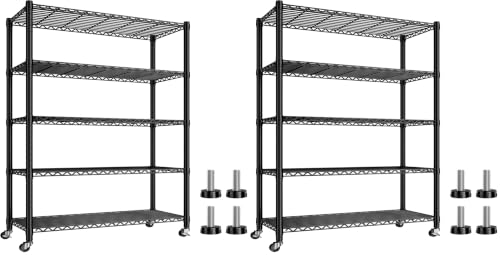 REIBII 5 Tier Storage Shelves with Wheels,1980LBS Metal Shelving for Garage (Pack of 2) - color: Black, size: 76"H x 36"W x 16"D 5 Tier (Pack of 2)
