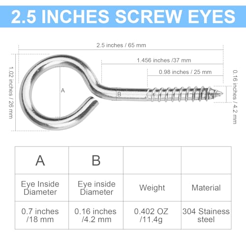 Aovchei 18pcs 304 Stainless Steel 2.5 Inches Eye Screws, Screw Hooks - color: 304, size: 2.5 Inch 18pcs