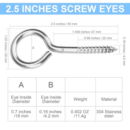 Aovchei 18pcs 304 Stainless Steel 2.5 Inches Eye Screws, Screw Hooks - color: 304, size: 2.5 Inch 18pcs