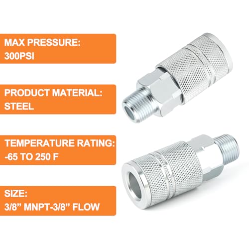 GASHER 2PCS 3/8-Inch Male Quick Connect Air Coupler, 3/8 Basic Flow Industrial Coupler，For Air Compressor Quick Connect Air Hose Fittings Set - size: 3/8" MNPT - 3/8 Flow