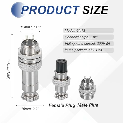 MECCANIXITY 3Pcs 2 Pin GX12 Aviation Plug Connector 125V 5A Metal Circular Plug Connector with Male Female Plug Wire Connector 12mm Socket, Silver - style: 2 Pin