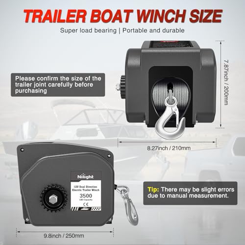 Nilight Boat Trailer Winch 3500 lbs Portable Electric Boat Winches 12 V DC Marine Winch with Steel Cable Remote Control & Hand Crank Power-in Freewheel Operat Waterproof Winch for Boat Trailer, Gray - color: Gray, size: Steel Cable