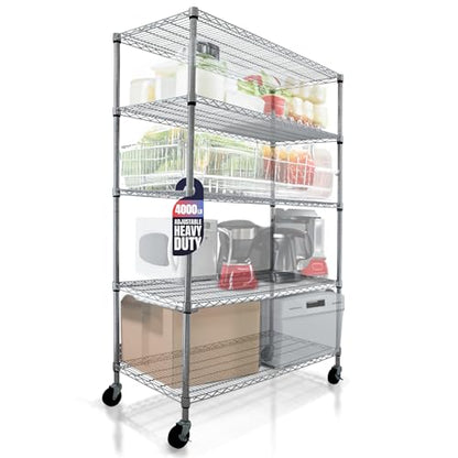 4000 LBS Heavy Duty Wire Rack, 48 x 24 x 76, 5-Tier NSF Commercial Rolling Rack with 4" Industrial Casters, Chrome Metal Wire Shelving for Garage, Kitchen, Adjustable Storage Shelf, Crescent