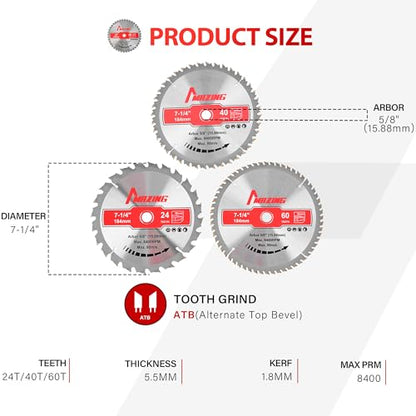 MAZING 3-Piece 7-1/4 Inch 24T&40T&60T Circular Saw Blades, 7.25 Inch TCT Compact Saws Blades with 5/8" Arbor, ATB Design for Precision Woodworking, Fit for Plywood, Soft & Hardwood, Wood with Nails - style: 7-1/4" 24&40&60T-3Pack