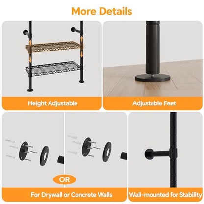 Higeego W4 Wall Mounted Clothes Rack, Industrial Pipe Clothing Rack, Black - color: Black