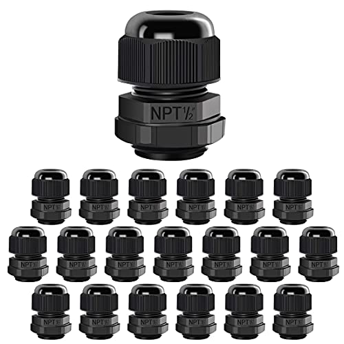 LeMotech 20 Pack NPT 1/2" Cable Glands Waterproof Adjustable 6-12mm Cable Connectors Black Nylon Joints with Gaskets - color: Black, size: 1/2inch 20-pack