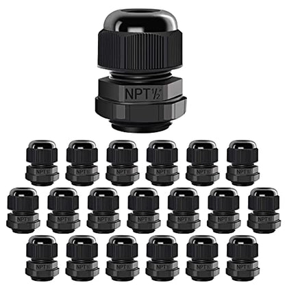 LeMotech 20 Pack NPT 1/2" Cable Glands Waterproof Adjustable 6-12mm Cable Connectors Black Nylon Joints with Gaskets - color: Black, size: 1/2inch 20-pack