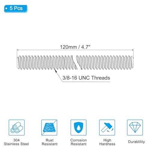PATIKIL 3/8"-16 UNC 304 Stainless Steel Fully Threaded Rod, 5Pcs 4.7" Length Long Threaded Screw Right Hand Threads All Threaded Rod Studs for Anchoring Bolt, Clamps, Hangers and U-Bolts - size: 3/8"-16 x 4.7"