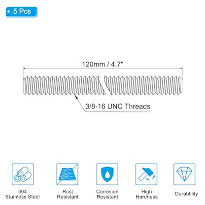 PATIKIL 3/8"-16 UNC 304 Stainless Steel Fully Threaded Rod, 5Pcs 4.7" Length Long Threaded Screw Right Hand Threads All Threaded Rod Studs for Anchoring Bolt, Clamps, Hangers and U-Bolts - size: 3/8"-16 x 4.7"