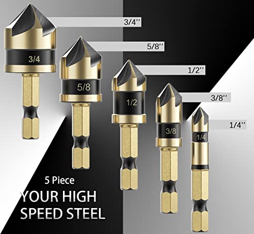 Countersink Drill Bit Set for Metal 5 Pieces - M2 Cobalt Countersunk Bits,5 Flute 82 Degree,1/4" Hex Shank Countersunk Bit Set 1/4'' 3/8'' 1/2'' 5/8'' 3/4'' for Drilling Copper, Aluminum, and Wood. - color: Gold