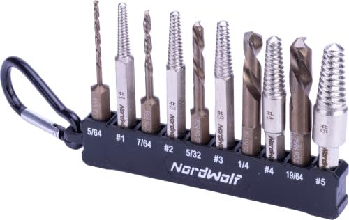 NordWolf 10-Piece M35 Cobalt Stubby Left Hand Drill Bit & Screw Extractor Set, Reverse Twist with 1/4" Hex Shank, SAE Sizes 5/64"-7/64"-5/32"-1/4"-19/64" - size: 5/64" to 19/64" (10 Pcs)