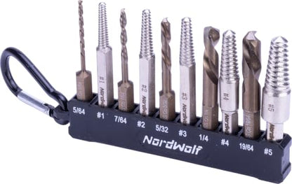 NordWolf 10-Piece M35 Cobalt Stubby Left Hand Drill Bit & Screw Extractor Set, Reverse Twist with 1/4" Hex Shank, SAE Sizes 5/64"-7/64"-5/32"-1/4"-19/64" - size: 5/64" to 19/64" (10 Pcs)