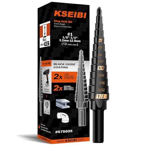 KSEIBI 575035 HSS Step Drill Bit 1/8-1/2 Inch, 3-Flat Shank Black Oxide for Metal, Wood, Plastic - 13 Steps Precision Drilling #1 - size: #1 (1/8-1/2 inch)