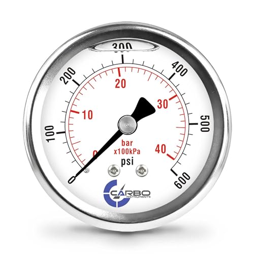 600 PSI Glycerin Liquid Filled Pressure Gauge, 2.5" Dial, 1/4 NPT Back Mount, 304 Stainless Steel Case, Brass Wetted Parts, Dual Scale PSI/Bar - ASME B40.1 Grade A - size: 0-600 PSI, style: STANDARD