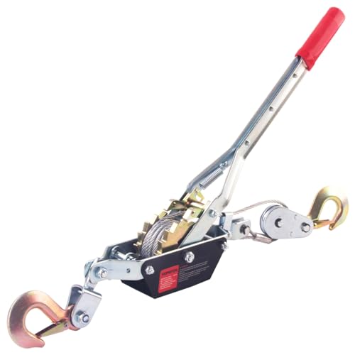Come Along Winch,2 Ton Capacity with 12FT Steel Cable,Heavy Duty Come Along Tool with Dual Gears,2 Hooks,Hand Winch Tool for Road Vehicle Recovery and Pulling Tree,Fence Stretcher,Frame - size: 2T