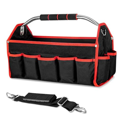 HAUTMEC 16" Foldable Tool Tote Bag, Open Top Tool Bag with Stiff Frame, 16-Pockets Electrician Tool Bag with Padded Steel Handle, Shoulder Strap & Water-Resistant Hard Base – TB0002 - size: 16-Inch, style: Foldable