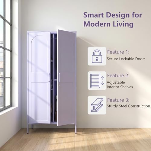 Purple Lockable Armoire Wardrobe Closet Storage Cabinet with Hanging Rod, 67" Metal Wardrobe Cabinet with 2 Doors and 3 Adjustable Shelves for Bedroom, Laundry Room, Cloak Room, Gym, Office - color: Lilac, style: Wardrobe-67"H-YX