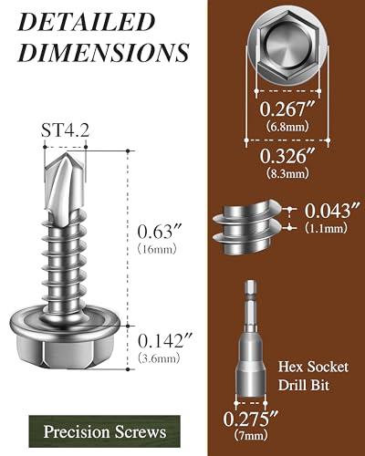 100PCS #8 x 5/8" Self Drilling Screws, Self Tapping Screws for Metal, 410 Stainless Steel Hex Washer Head Sheet Metal Screw, Bright Finish with 7mm Hex Socket - color: Silver, size: #8 x 5/8"