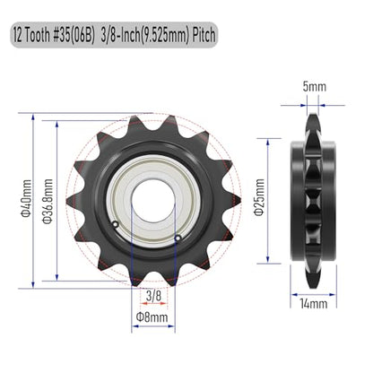 12 Tooth Roller Chain Sprocket, 39mm OD 8mm Bore 3/8" Pitch Chain Idler Sprocket, Single Bearing Black Oxide Finish C45 Carbon Steel for ISO 06B Chain - size: 8mm Bore 12 Tooth