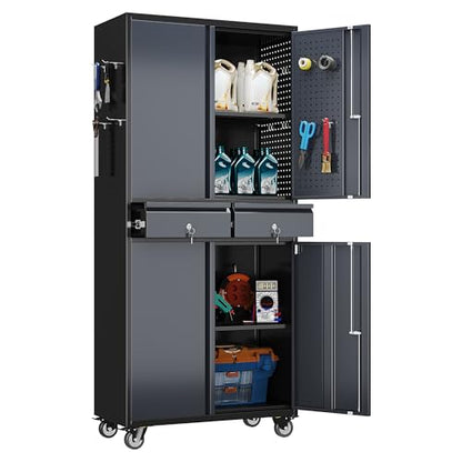 Reemoon 71-Inch Garage Storage Cabinet with 2 Drawers and Pegboards - color: Black-dark Grey, size: 15"D x 30.1"W x 71"H