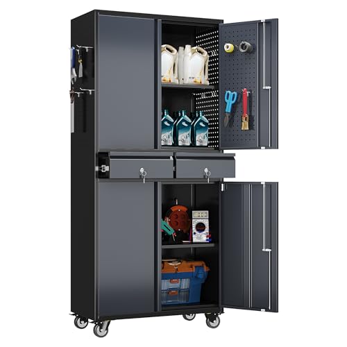 Reemoon 71-Inch Garage Storage Cabinet with 2 Drawers and Pegboards - color: Black-dark Grey, size: 15"D x 30.1"W x 71"H