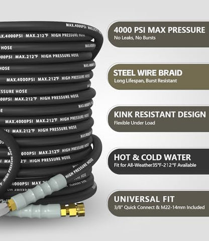 Pressure Washer Hose 100FT with 3/8'' Quick Connect, 4200 PSI - color: Black, size: 100FT
