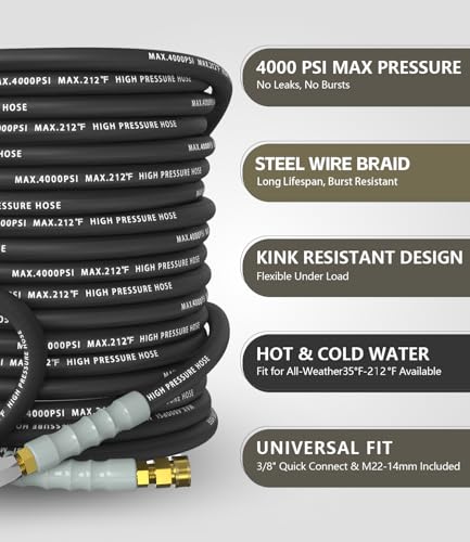 Pressure Washer Hose 100FT with 3/8'' Quick Connect, 4200 PSI - color: Black, size: 100FT