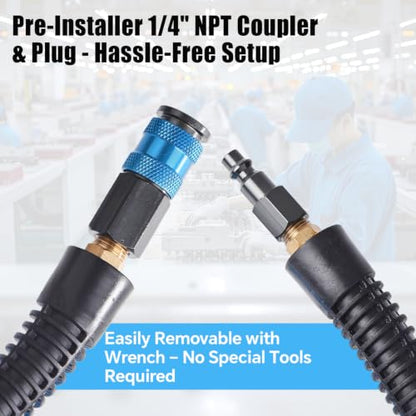 25FT 3/8 Inch Air Hose Reinforced Hybrid Polymer Polyurethane Air Compressor Hose - Flexible Heavy Duty Braided Pneumatic Hose with Quick Connect Fittings 300 PSI for Garage Automotive Use - size: 25FT