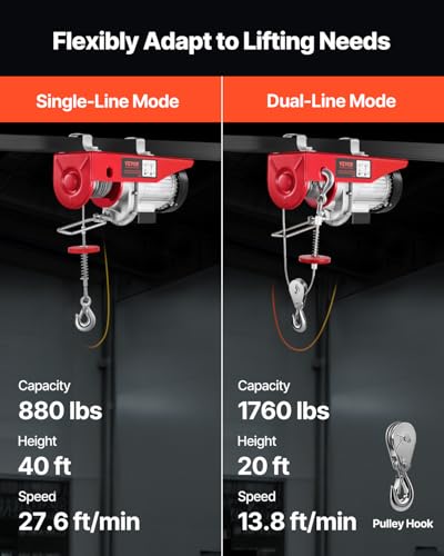 VEVOR Electric Hoist, 1760 lbs 120V Electric Winch with 328 ft Wireless Remote Control, 40 ft Single Cable Lifting Height, Single/Double Slings, Emergency Stop, Lift Hoist for Garage Warehouse Factory - size: 1760LBS Wireless