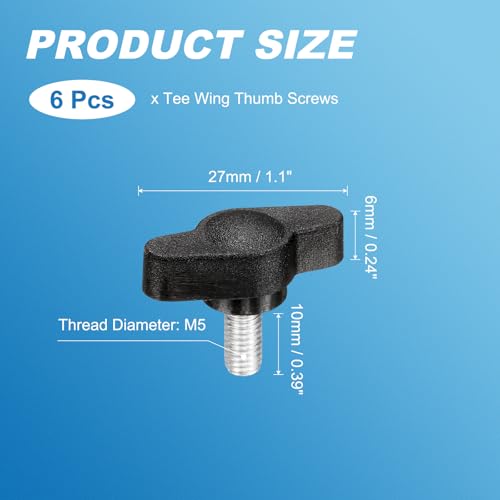PATIKIL M5 x 10mm Tee Wing Thumb Screws, 6Pcs Carbon Steel Mechanical Handle Bolt Thumb Screws for Remove Replace Hand Clamping Tightening Knobs Power Supply, Black - size: M5 x 10mm
