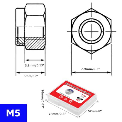 100 Pcs M5 x 0.8mm Nylon Inserted Self Locking Nuts Hex Lock Nuts Assortment 304 Stainless Steel Self Clinching Nut Plain Finish Inserted Hex Lock Nut with Storage Box - size: M5