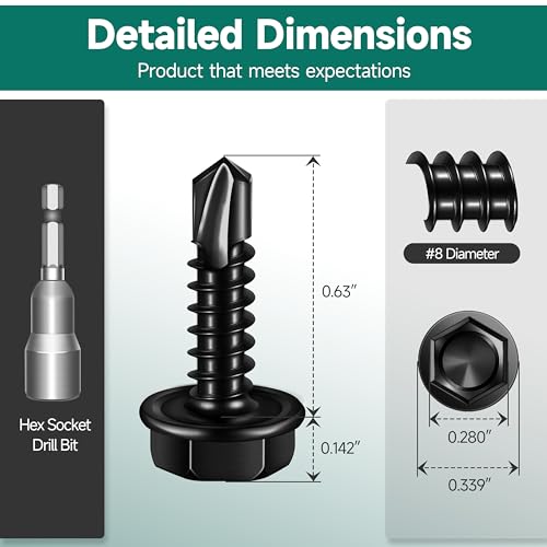 100Pcs #8 x 5/8" Sheet Metal Screws, 410 Stainless Steel Self Drilling Hex Head Black Self Tapping Screws for Metal with Drill Bit - color: Black, size: #8 x 5/8"